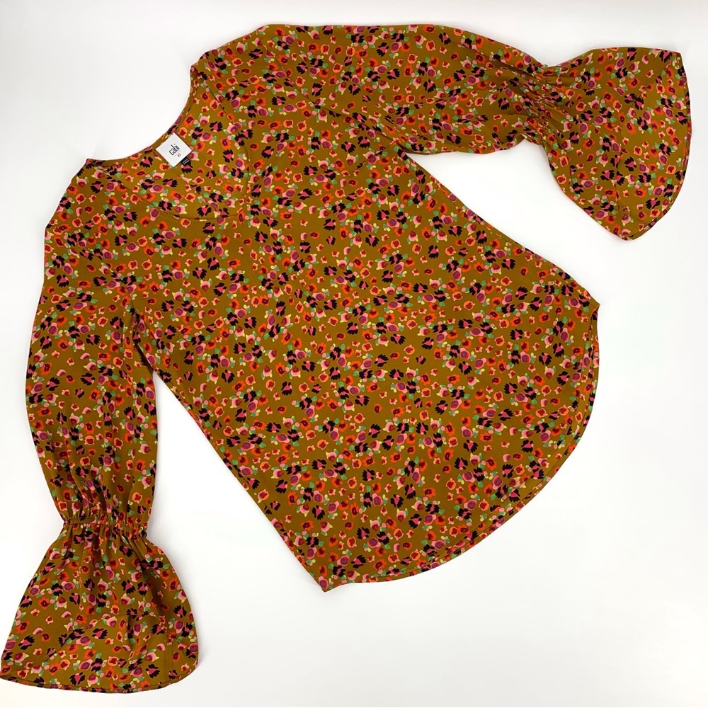 Cabi Burnished Blouse # 4042, Gold Floral Print Long Sleeve Blouse, XS